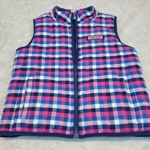 Vineyard Vines Blue Pink Plaid Fleece Reversible Vest Boy Girl 4T Sherpa Cozy